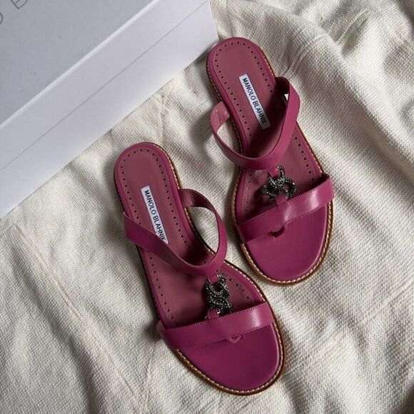 Manolo Blahnik Sanzoracry Embellished Leather Flat Sandals Dark Pink - Picture 1 of 13